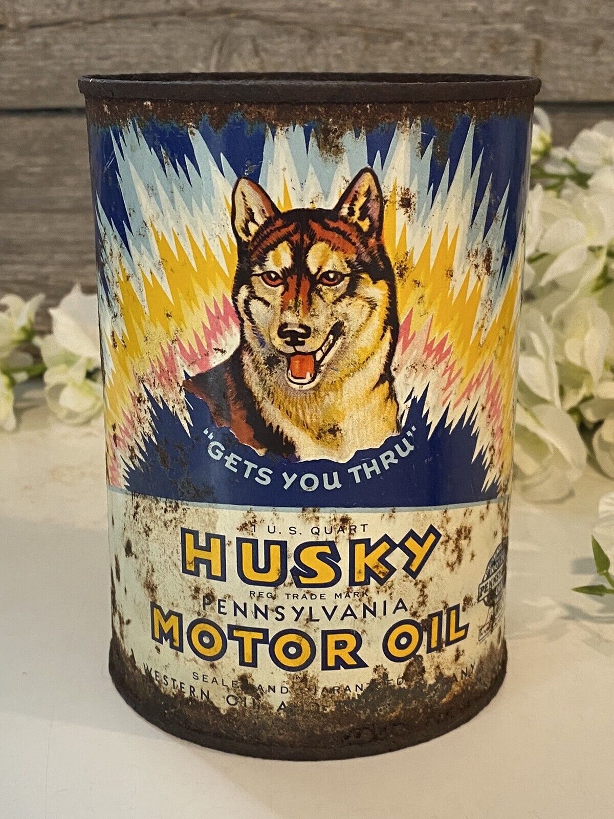 Full Antique Motor Oil Can Husky Western Oil and Fuel Company Pure Pennsylvania