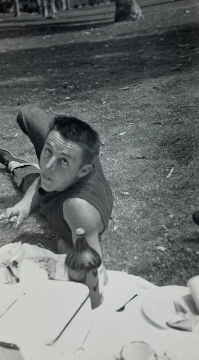 Man Laying On Ground Looking Up At Picnic B&W Photograph 3 x 5