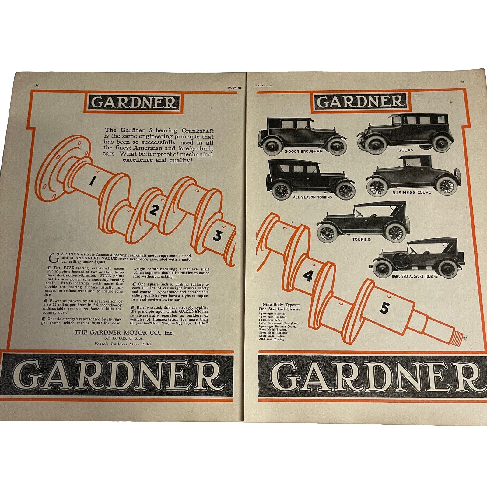 The Gardner Motor Co St Louis 5-Bearing Crankshaft Motor 2 Pg Vtg Print Ad 1924