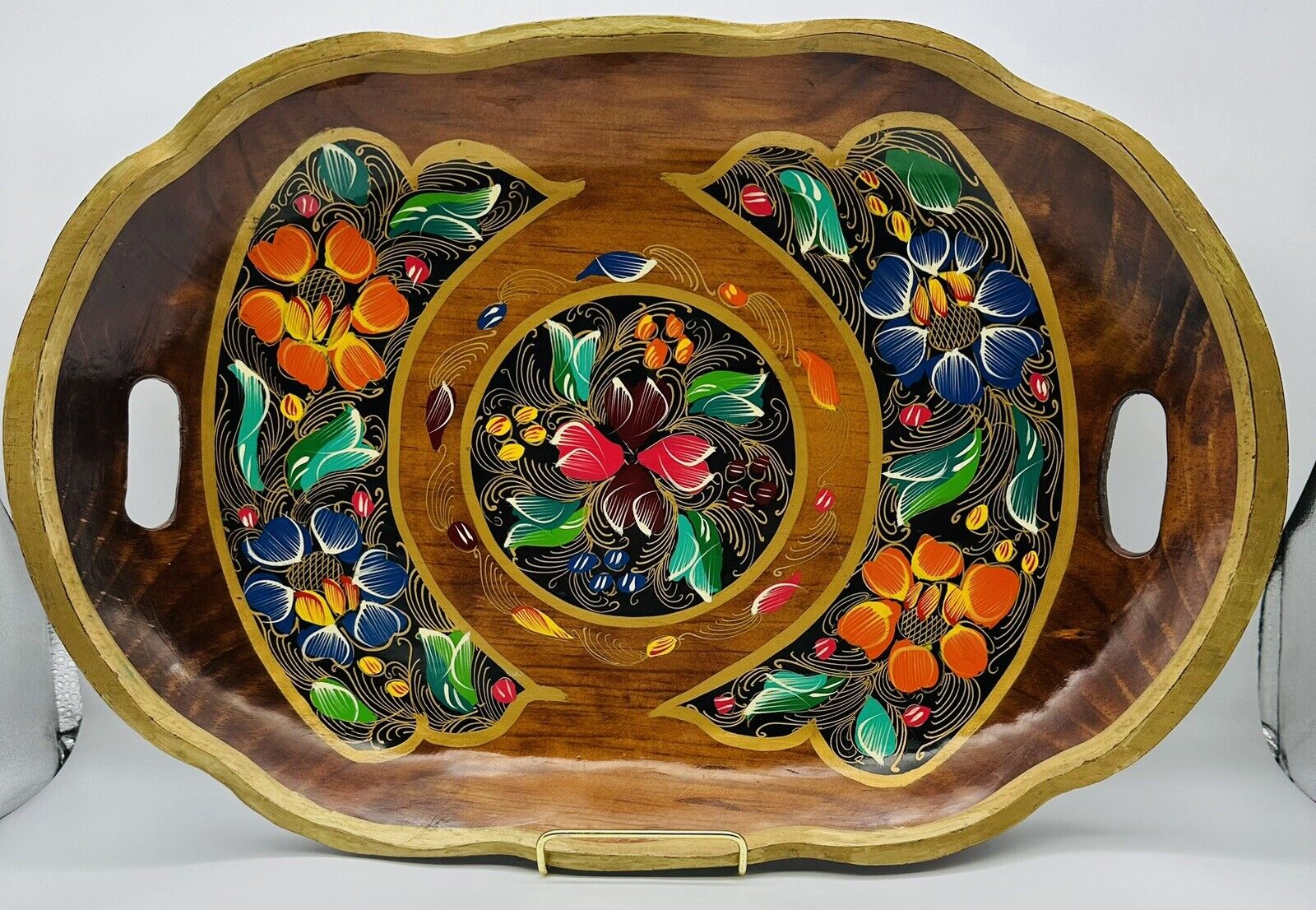 Vintage Old Hand Painted Mexican Folk Art Wood Floral Batea Bowl Tole Tray 19”
