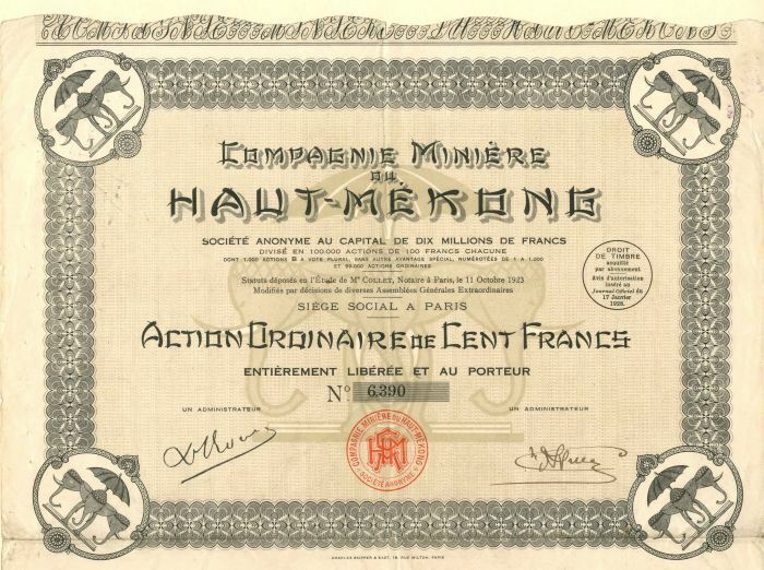 Compagnie Miniere Du Haut-Mekone - Stock Certificate - Foreign Stocks