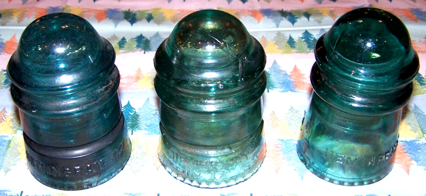 3 Nice Smaller Hemingray 12/9/No 12 May 2 1893 Blue Green Insulators Made In USA