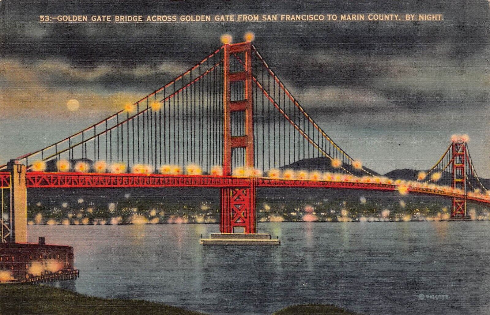 Postcard San Francisco CA California Golden Gate Bridge from Marin County Night