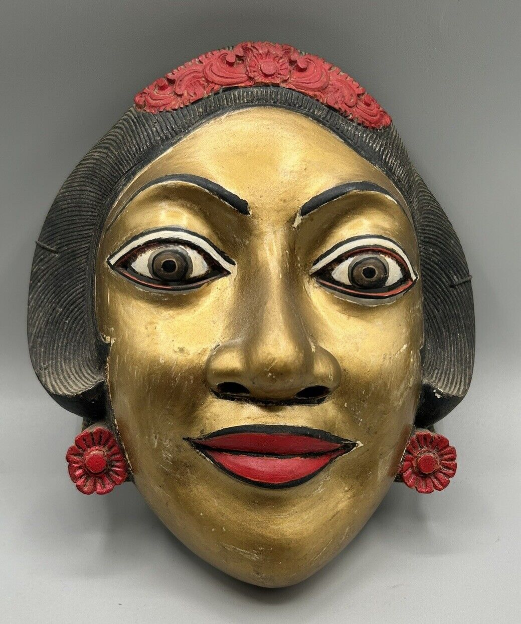 Gold Face Woman with Big Eyes — Hand-Carved & Painted Mask — One-of-a-Kind
