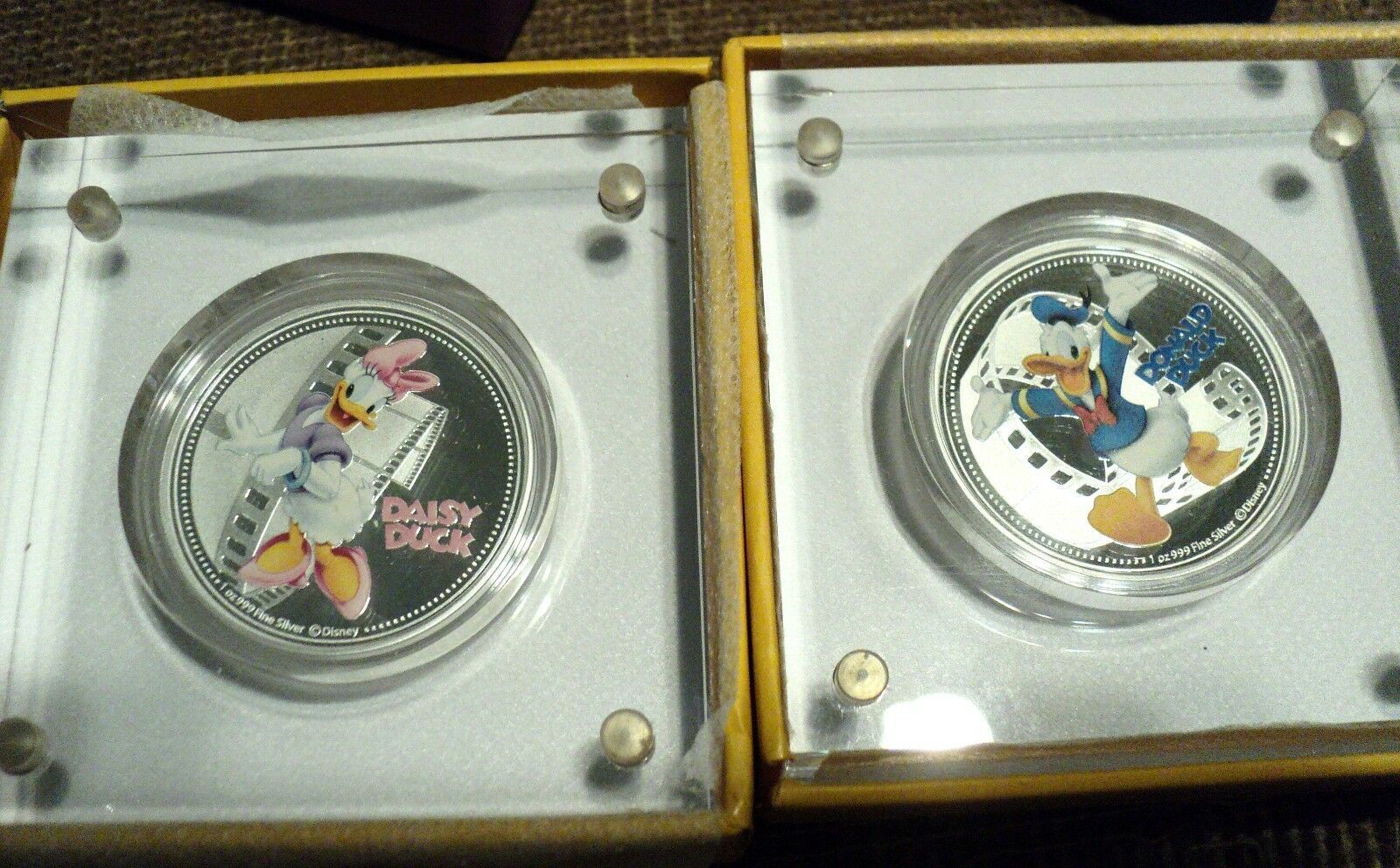 DISNEY DONALD & DAISY DUCK COINS 2014 PROOF 1 OZ SILVER EACH , NIUE MINT IN BOX 