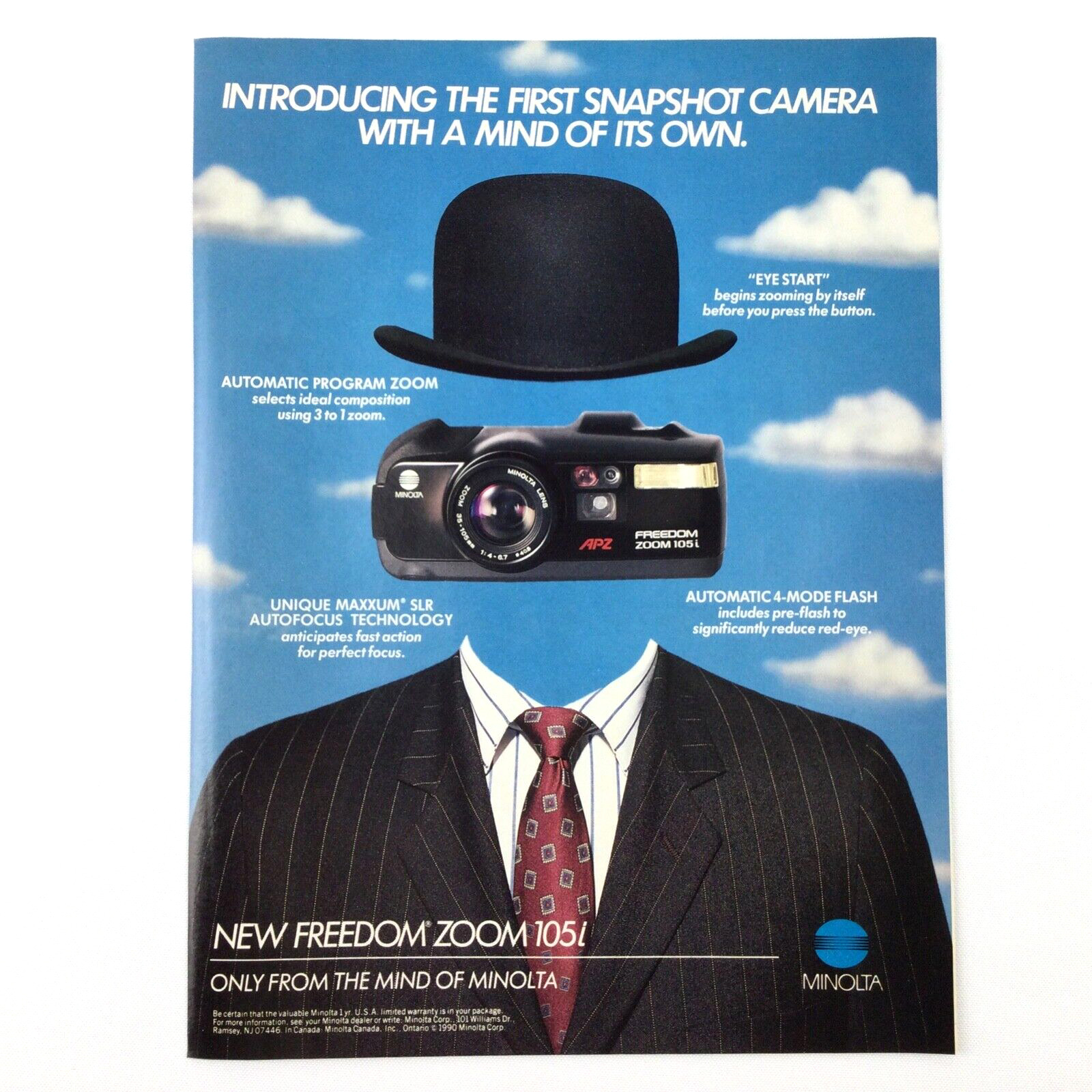 Minolta Camera 90s VTG PRINT AD Freedom Zoom 105i Snapshot Magritte Bowler Hat