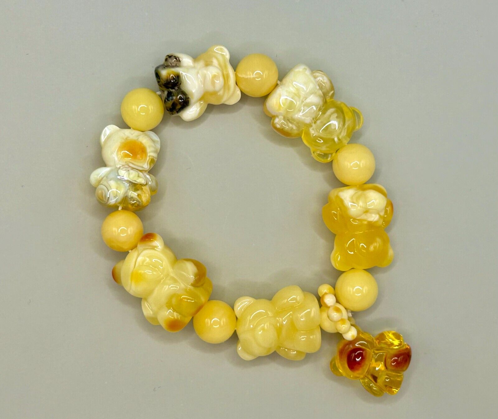 6 Cute Bears with 11mm beads Genuine Natural Beeswax Amber Women's Bracelet