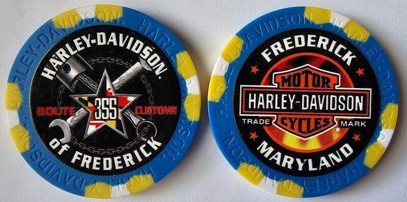HARLEY-DAVIDSON OF FREDERICK (MD) Full Color WIDE Blue/Yellow Poker Chip
