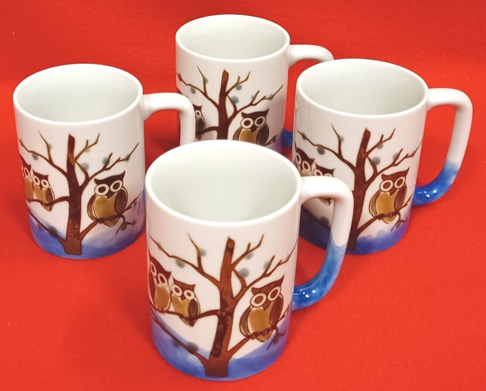 Set Of 4 Vtg Otagiri Owl Family in Tree Hombre Coffee Mugs Stoneware Japan Retro