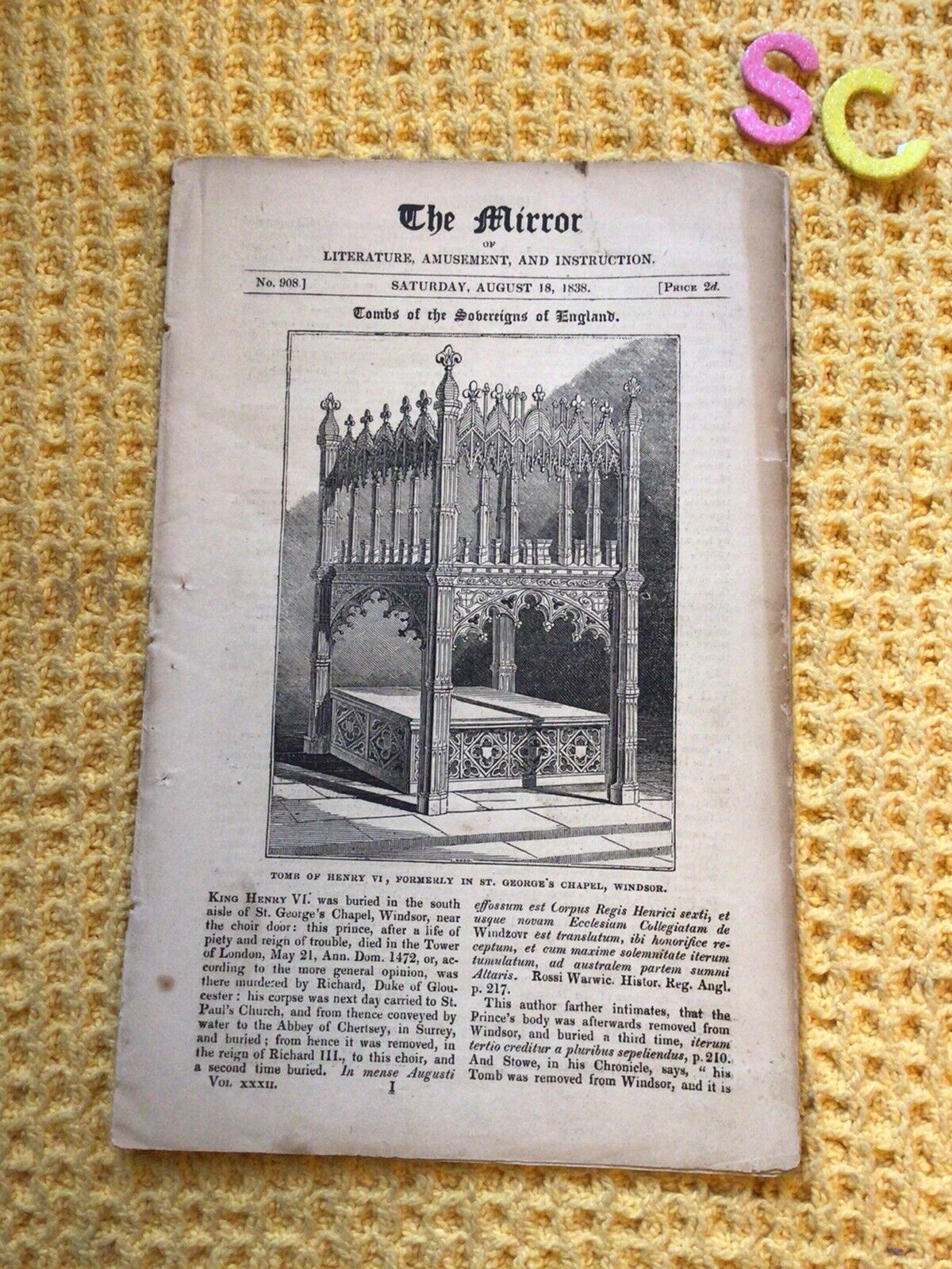 Antique RARE , THE MIRROR SUPPLEMENT, 1838 The Tombs Of Sovereigns Of England