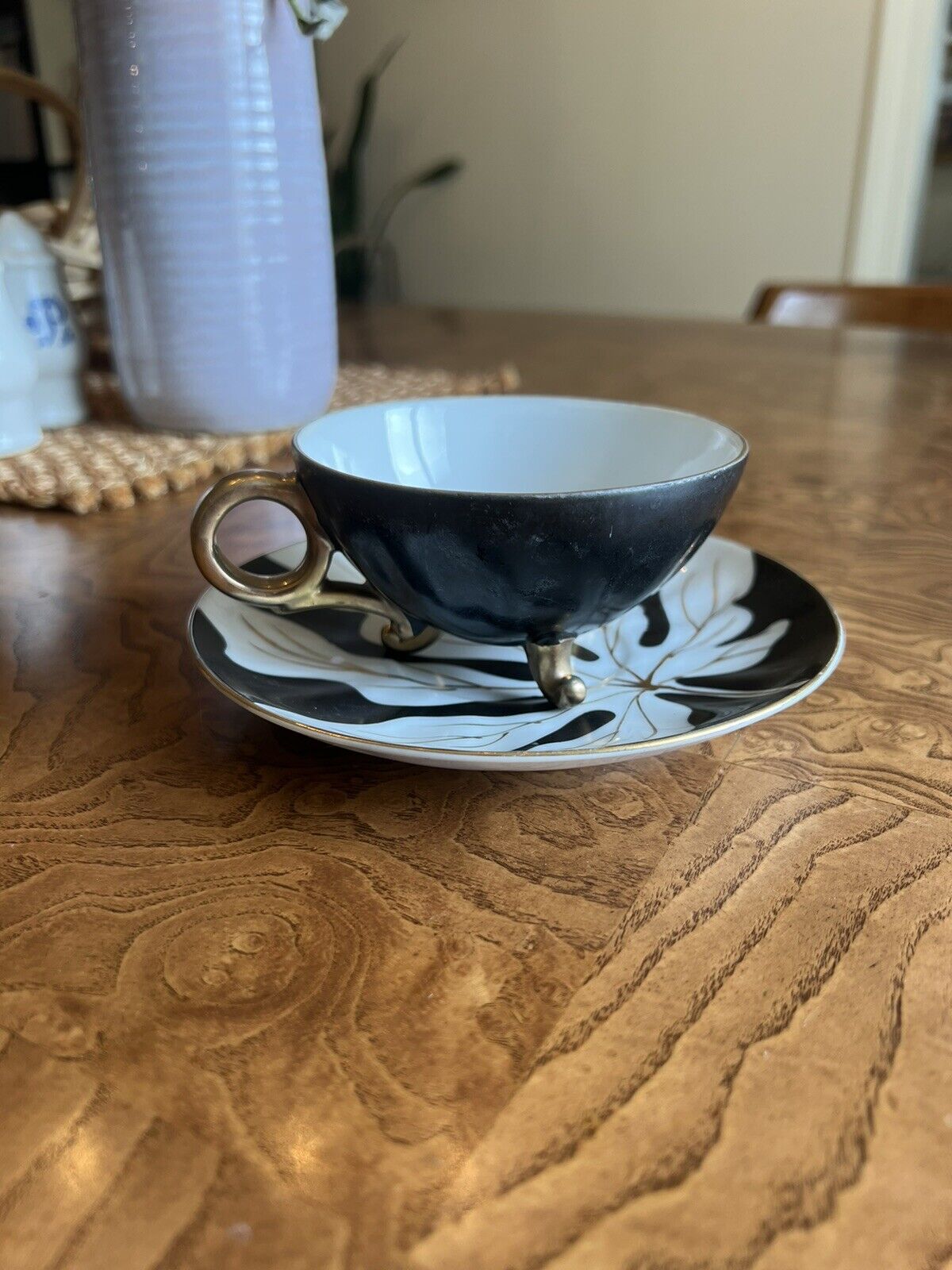 UCAGCO - Japan Rare. Hand Painted, Tea Cup Saucer, Black White Gold, Gold Rim