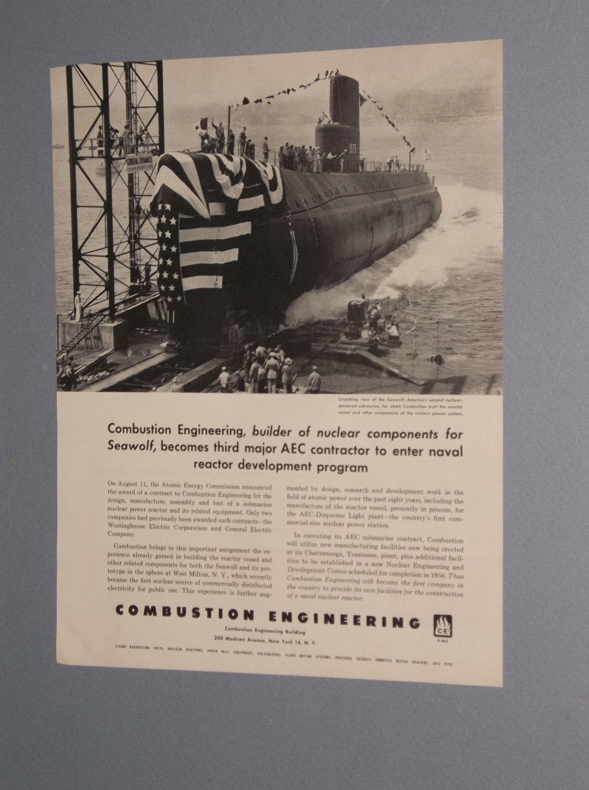 1955 COMBUSTION ENGINEERING AD W/ THE USS SEAWOLF THE SECOND NUCLEAR SUBMARINE