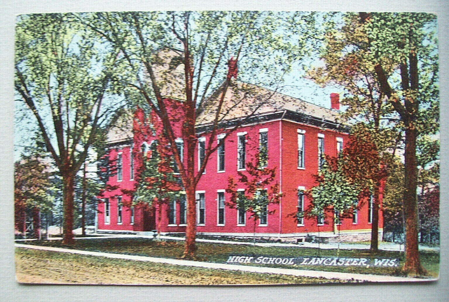 High School Lancaster, WI Wisconsin postcard