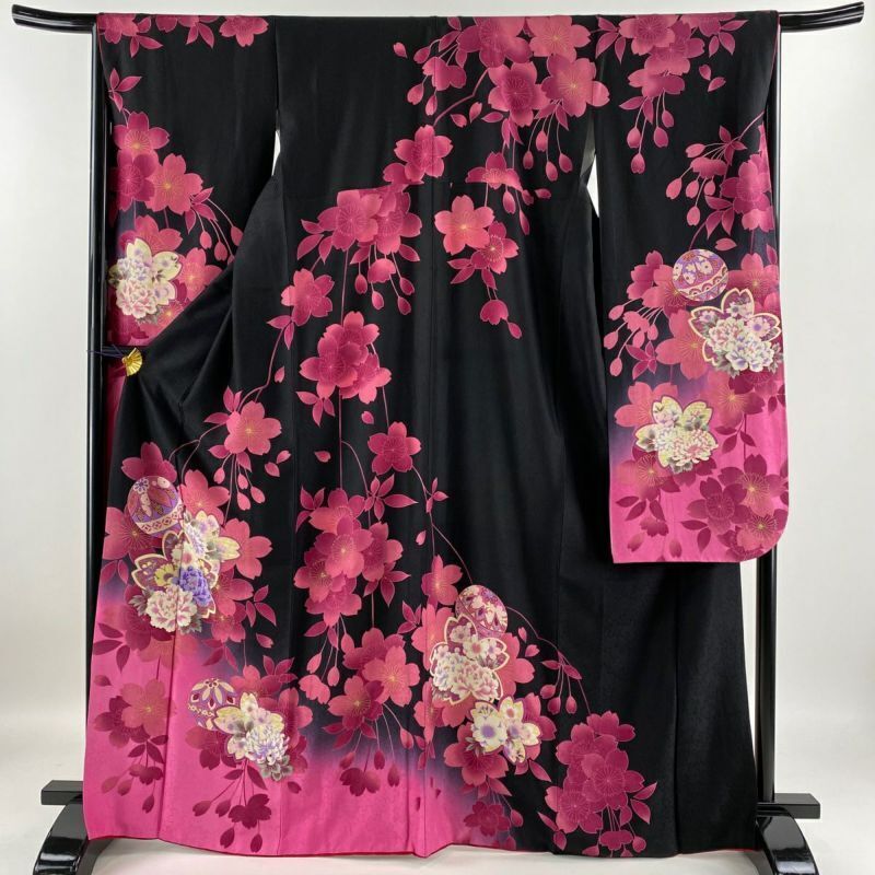65.7inc Japanese Kimono SILK FURISODE Cherry blossoms Ball Black