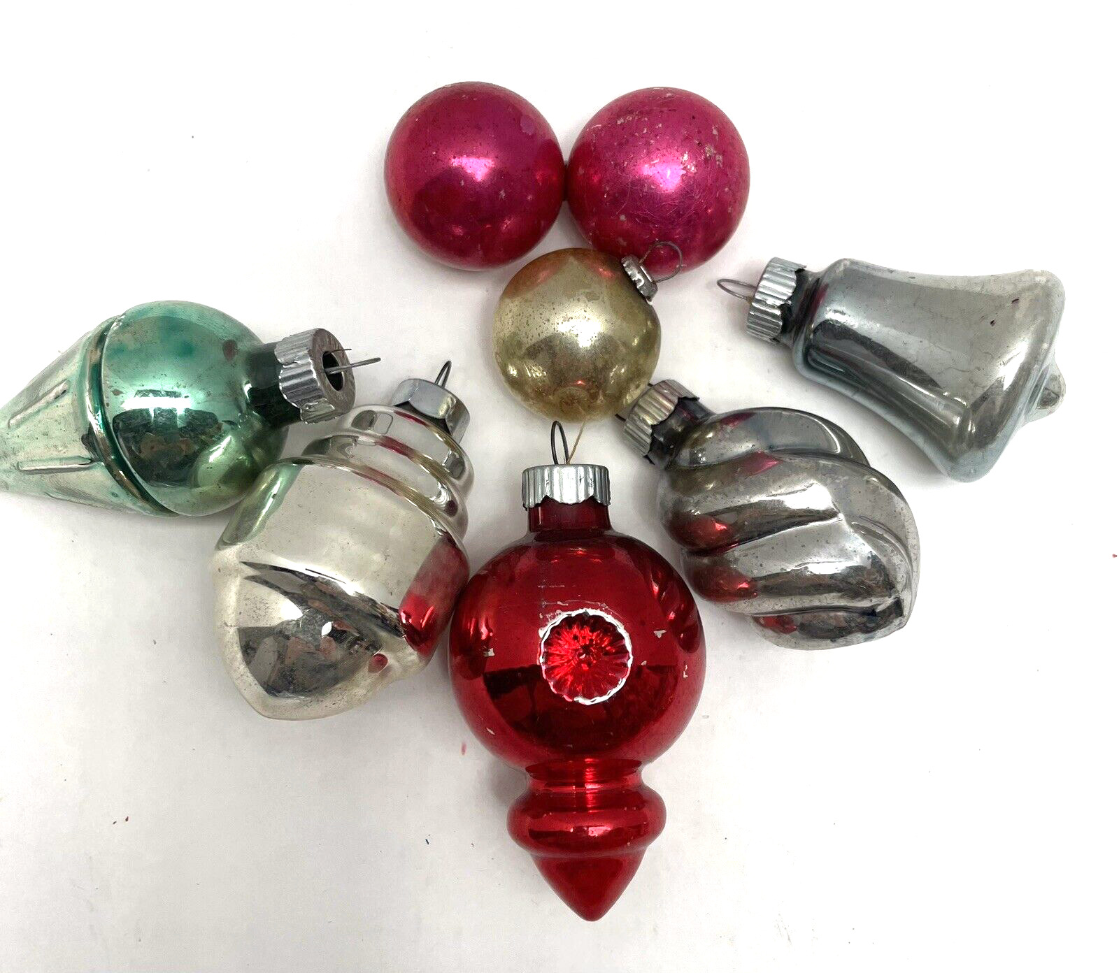 8 Vintage Glass Christmas Ornaments 5 Shiny Brite Shaped & 3 Japan Small Ball