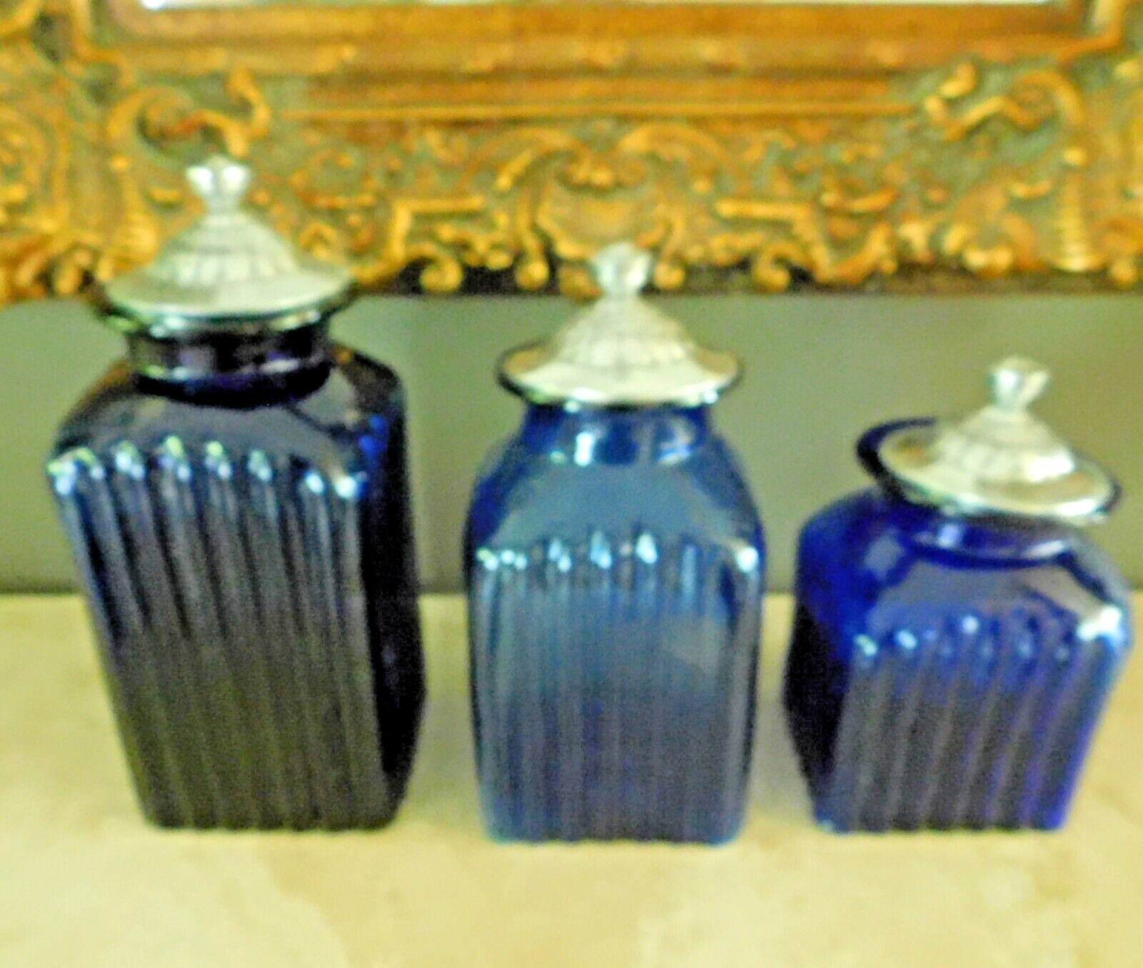 Vintage ARTLAND COBALT BLUE GLASS CANISTERS / PEWTER LIDS / LARGE SIZE