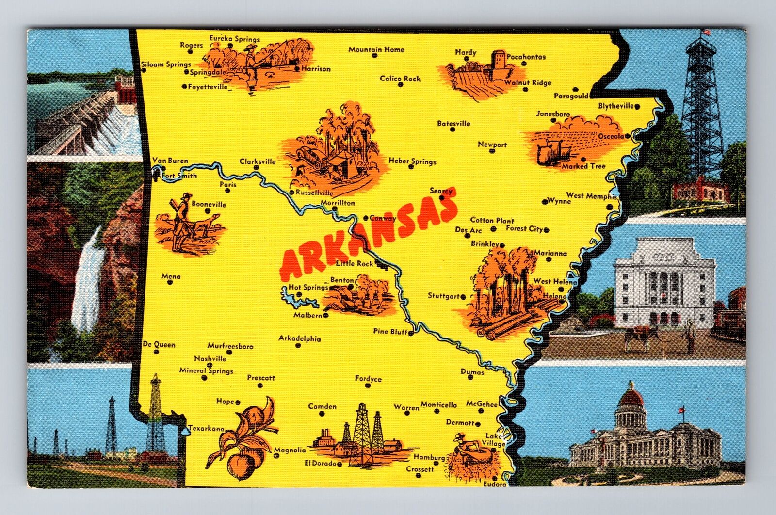AR-Arkansas, Landmarks, Map, Antique, Vintage Souvenir Postcard