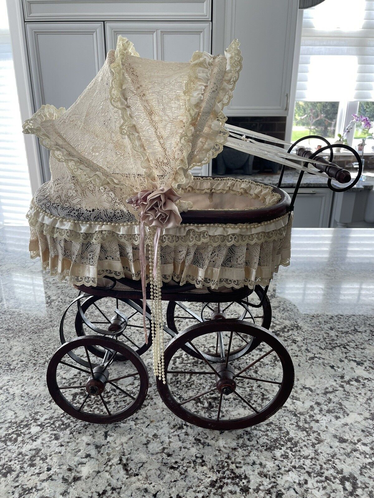 Antique Vintage Baby Doll Carriage, Pram, Victorian Style Wooden Stroller