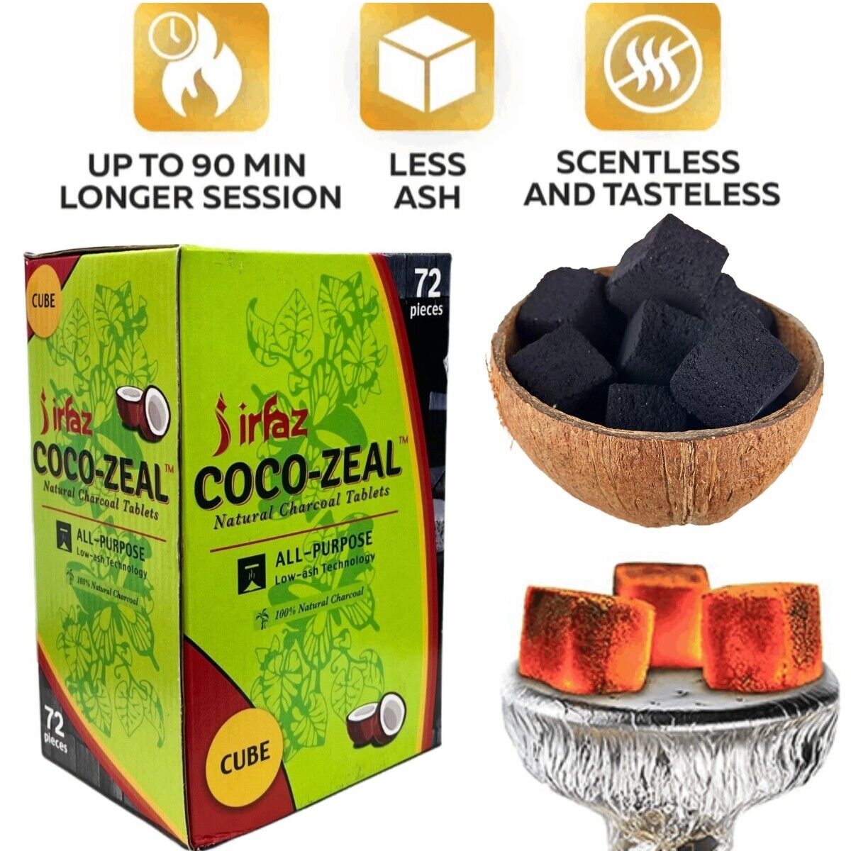 Afzal Coco-Zeal Coconut Charcoals Natural Hookah Coal Shisha 72 Piece/ 1kg Cubes