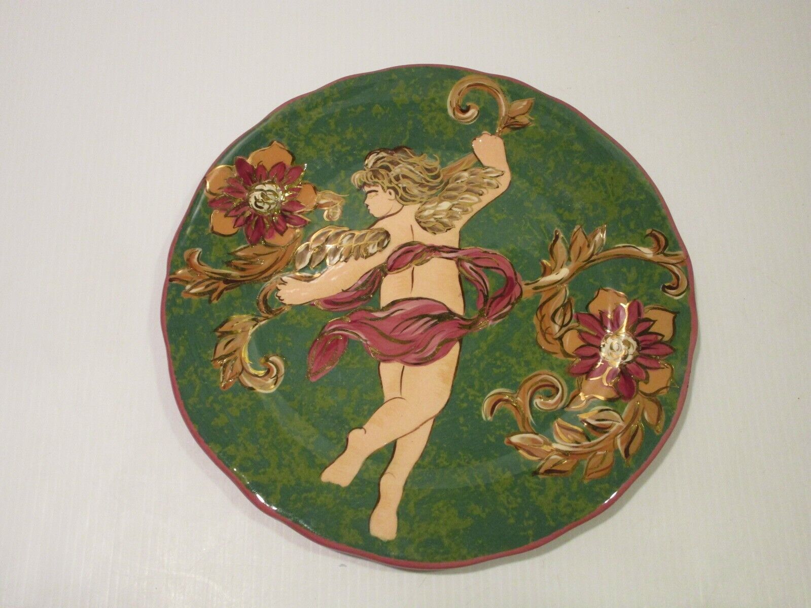 Lesal Home Pottery Decorative Plate, Cherub and Florals