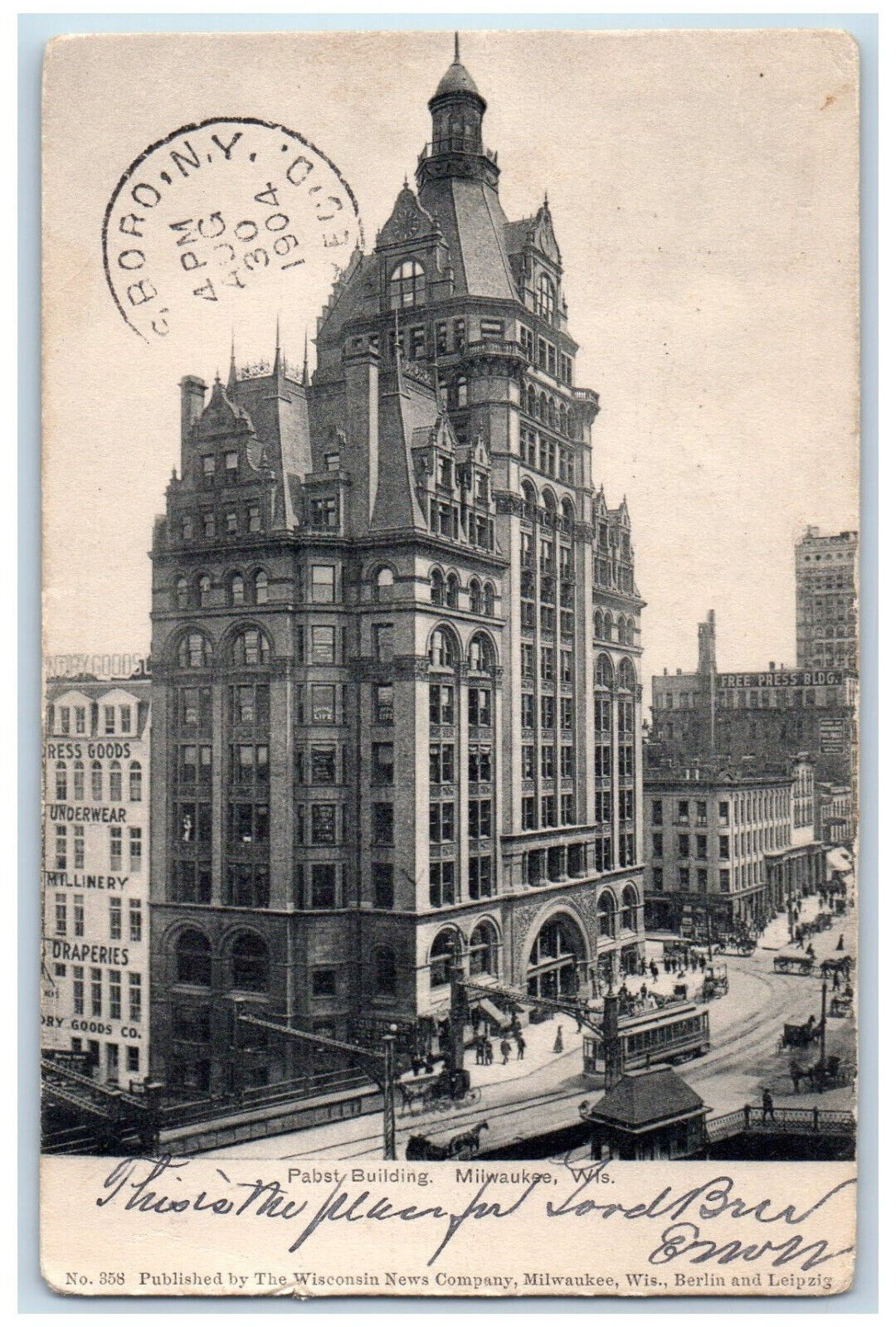 1904 Trolley Car Pabst Building Milwaukee Wisconsin WI Antique Postcard