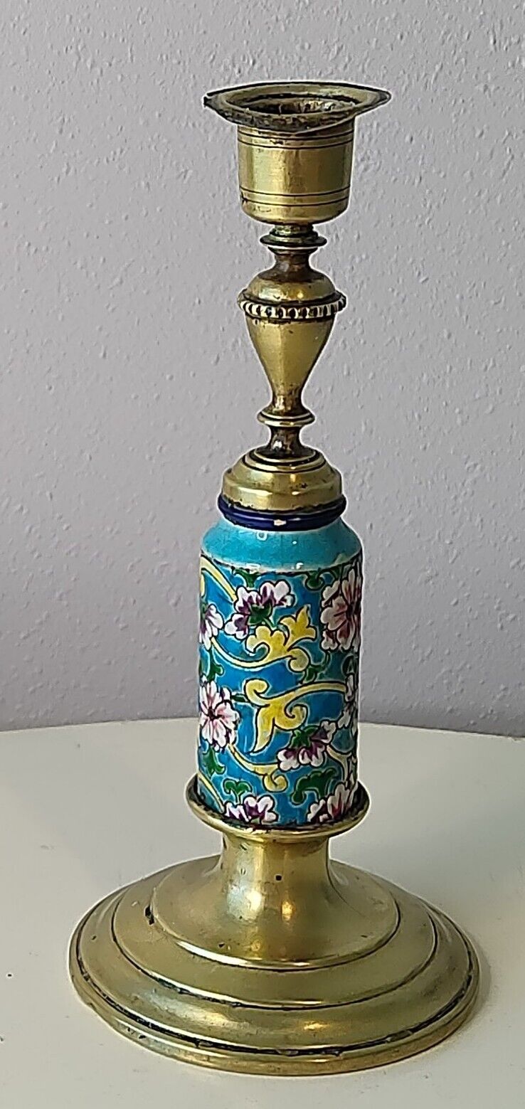 Antique Longwy Blue Candlestick Enamel Tile Pottery Brass 8.5\