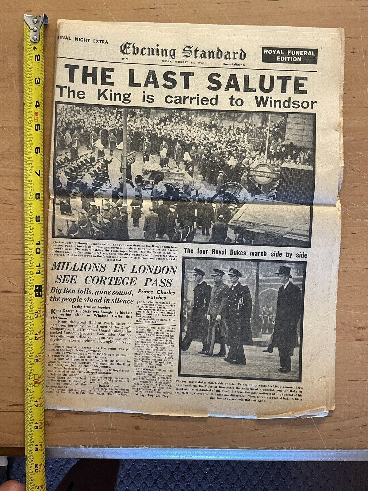 Vintage Newspaper -Evening Standard - February 15, 1952, Funeral King George VI