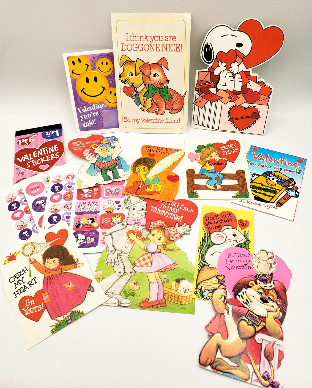Vintage Valentine\'s Day Classroom School Cards 11 Used Cards, Snoopy Stickers 