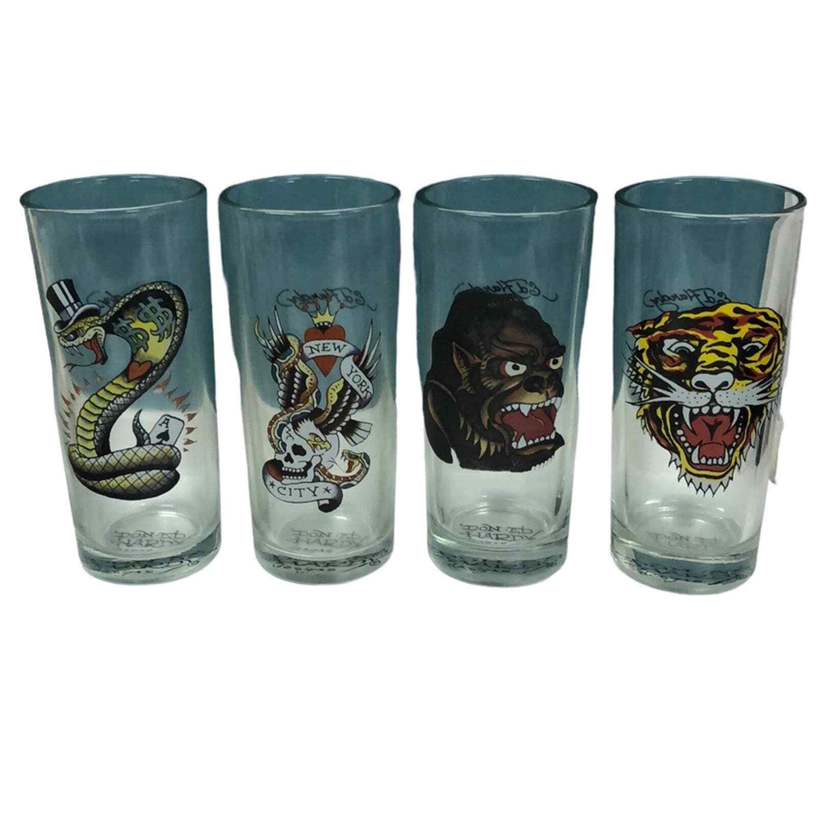 Set of 4 DON ED HARDY BY CHRISTIAN AUDIGIER BEER GLASSES 6.5” TALL 8 OZ. Lot