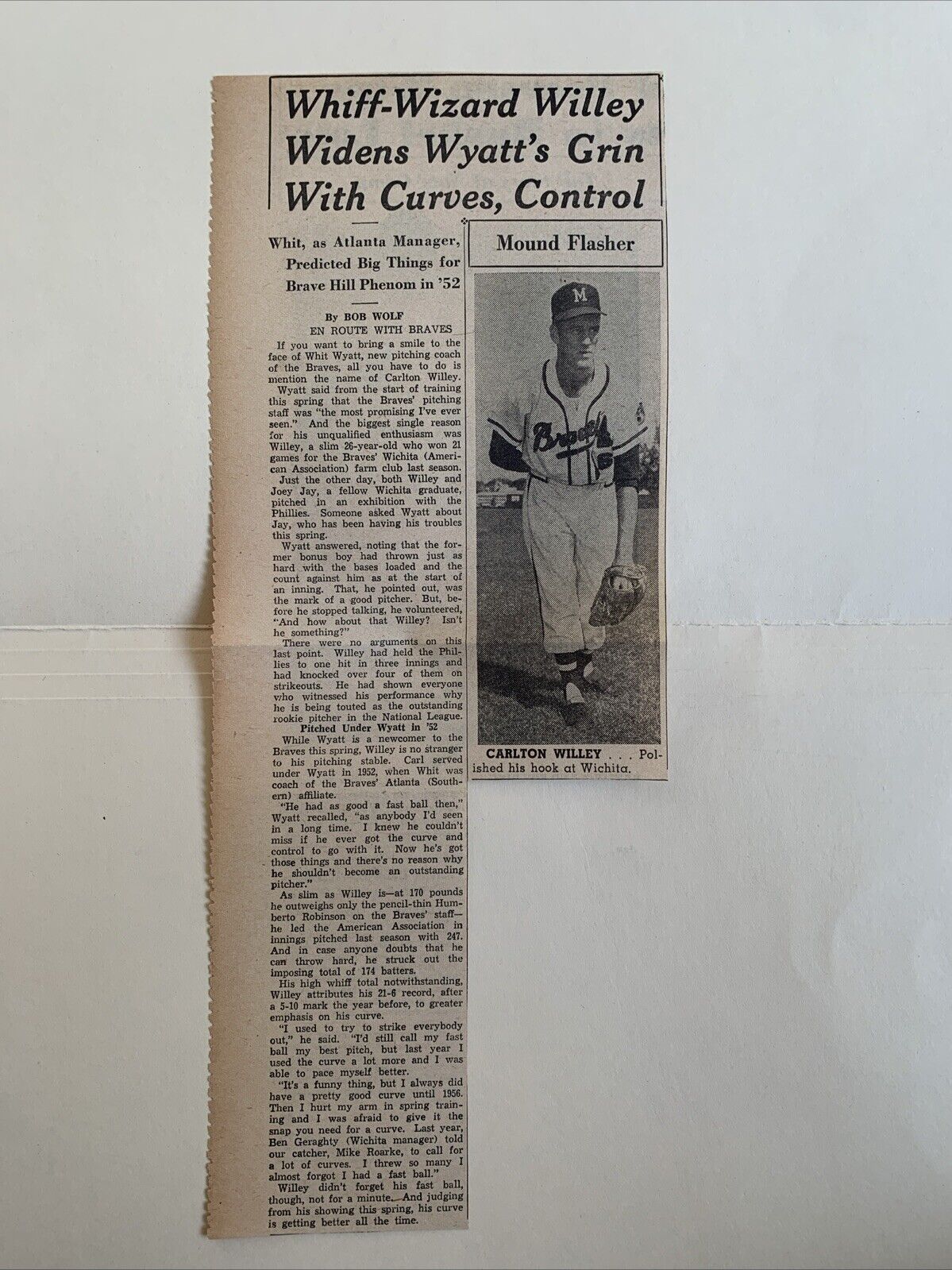 Carl Willey Milwaukee Braves Rookie Year 1958 Sporting News Baseball 5X12 Panel
