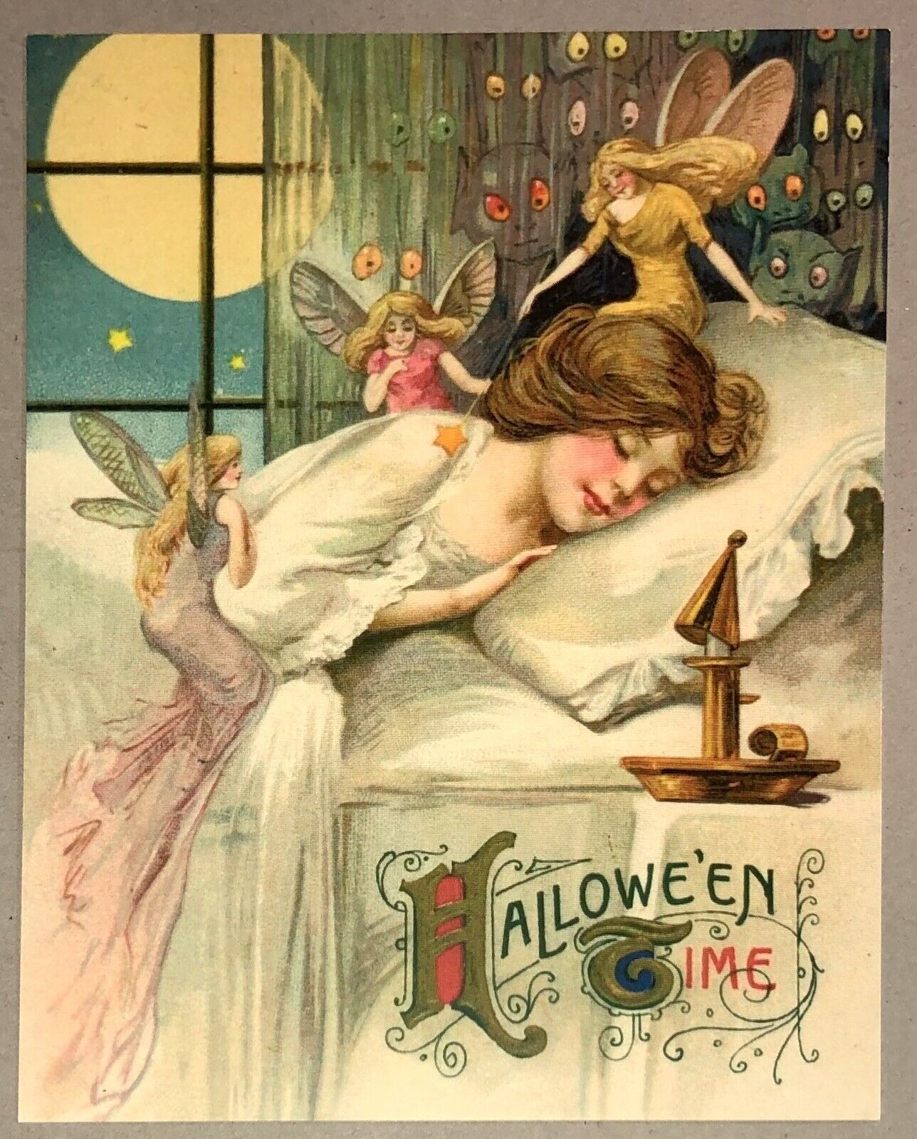 Postcard Halloween Sleeping Woman Fairies Spooky Eyes Victorian Repro