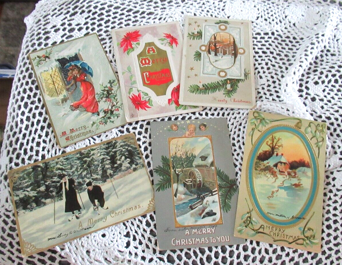 6 VINTAGE CHRISTMAS POSTCARDS - Early 1900\'s - 1 postmarked