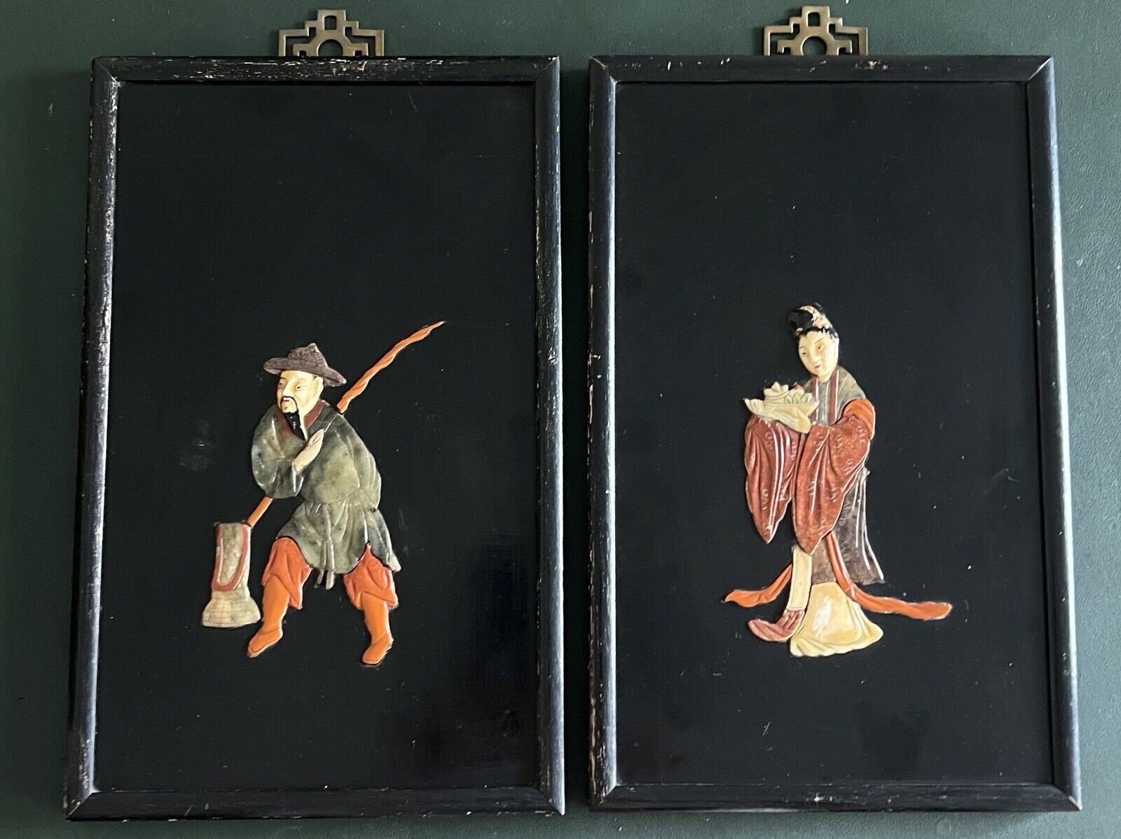 Chinese hand-Inlaid Colored Stone Figure Wall Hanging Wood Panel Painting A Pair