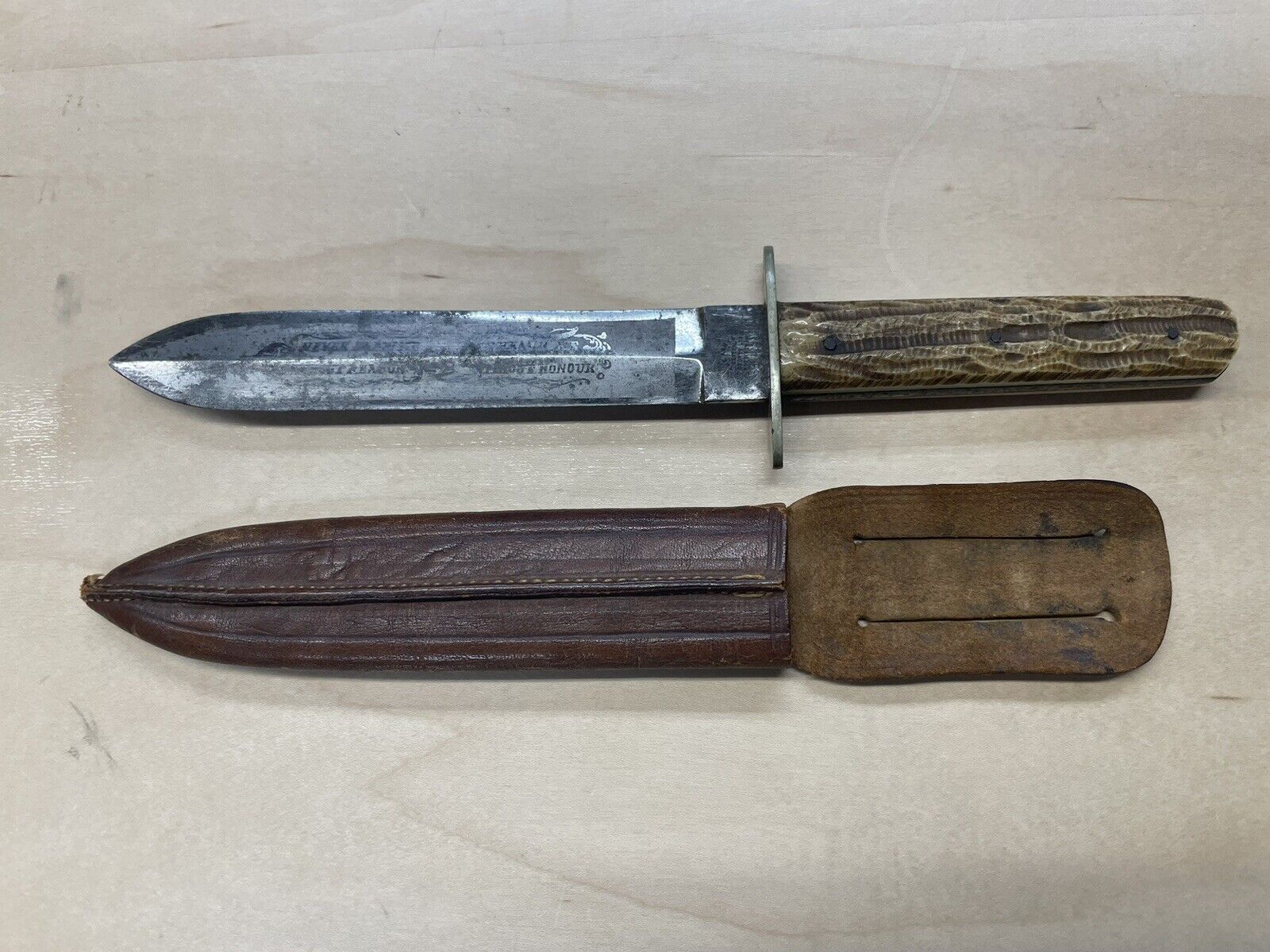 Antique 1800’s Etched English Belt Knife ARMY & GENERAL STORES LTD. NOTTINGHAM