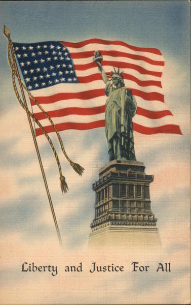 Patriotic Liberty and Justice for All Tichnor Linen Postcard Vintage Post Card