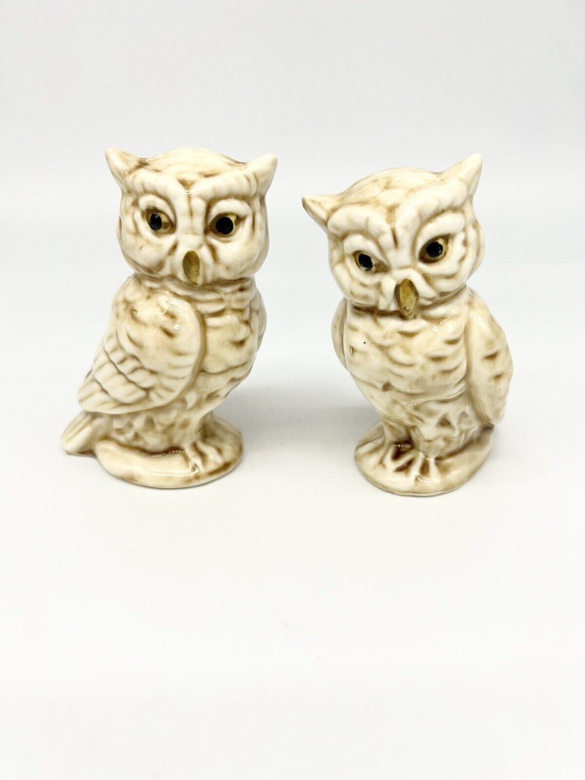Vintage Norleans Japan Cream Ceramic Decor Owl Pair Set MCM Decor Statue 4\