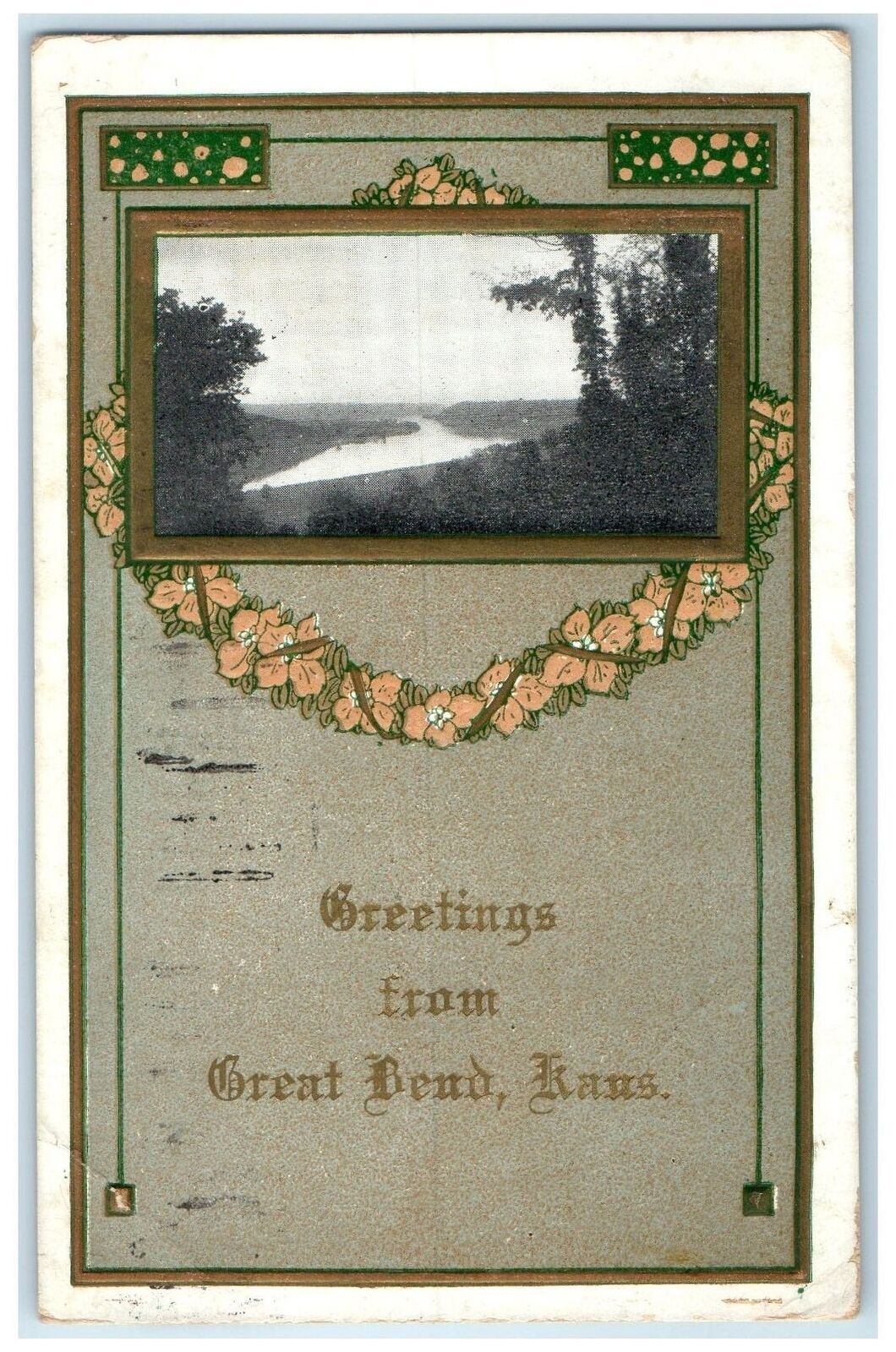 c1920's Greetings From Great Bend Lake Mountains Grove View Kansas KS Postcard