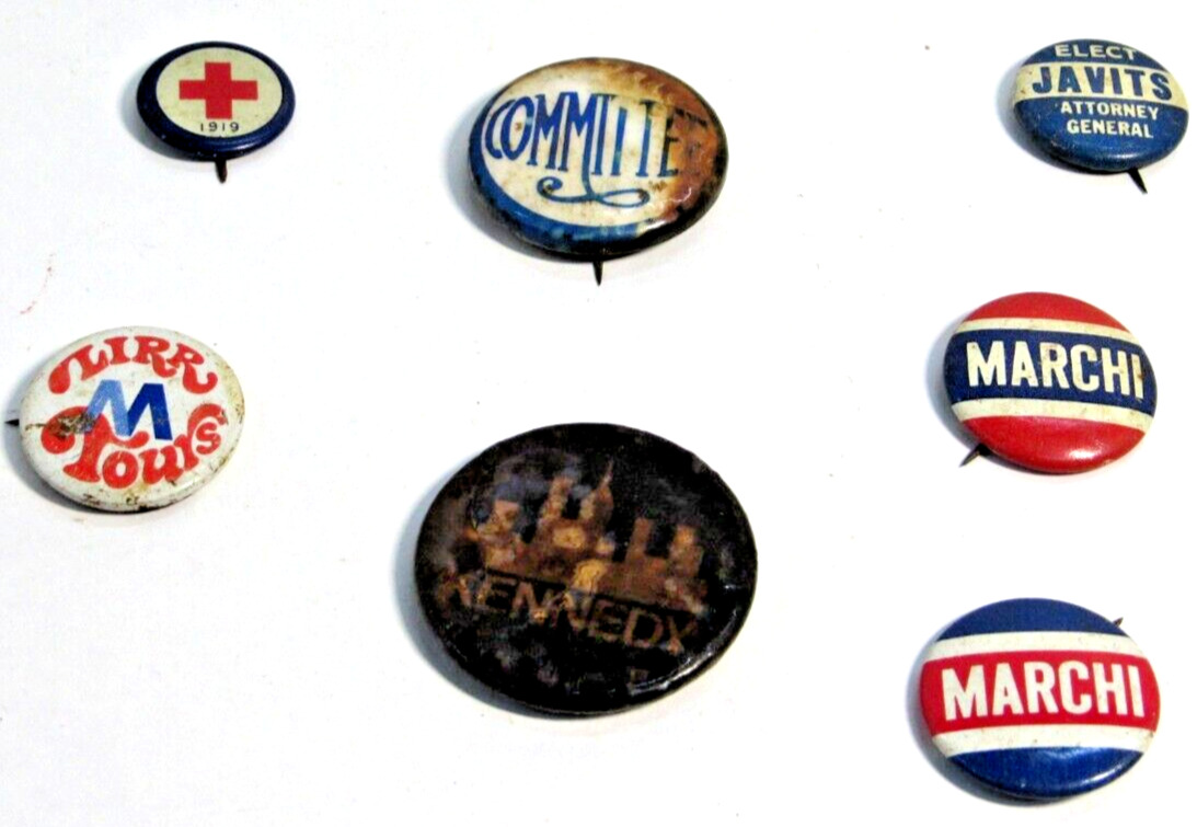 Vintage lot 7  Political Pin Back Buttons Kennedy Red Cross Marchi Javits #F2