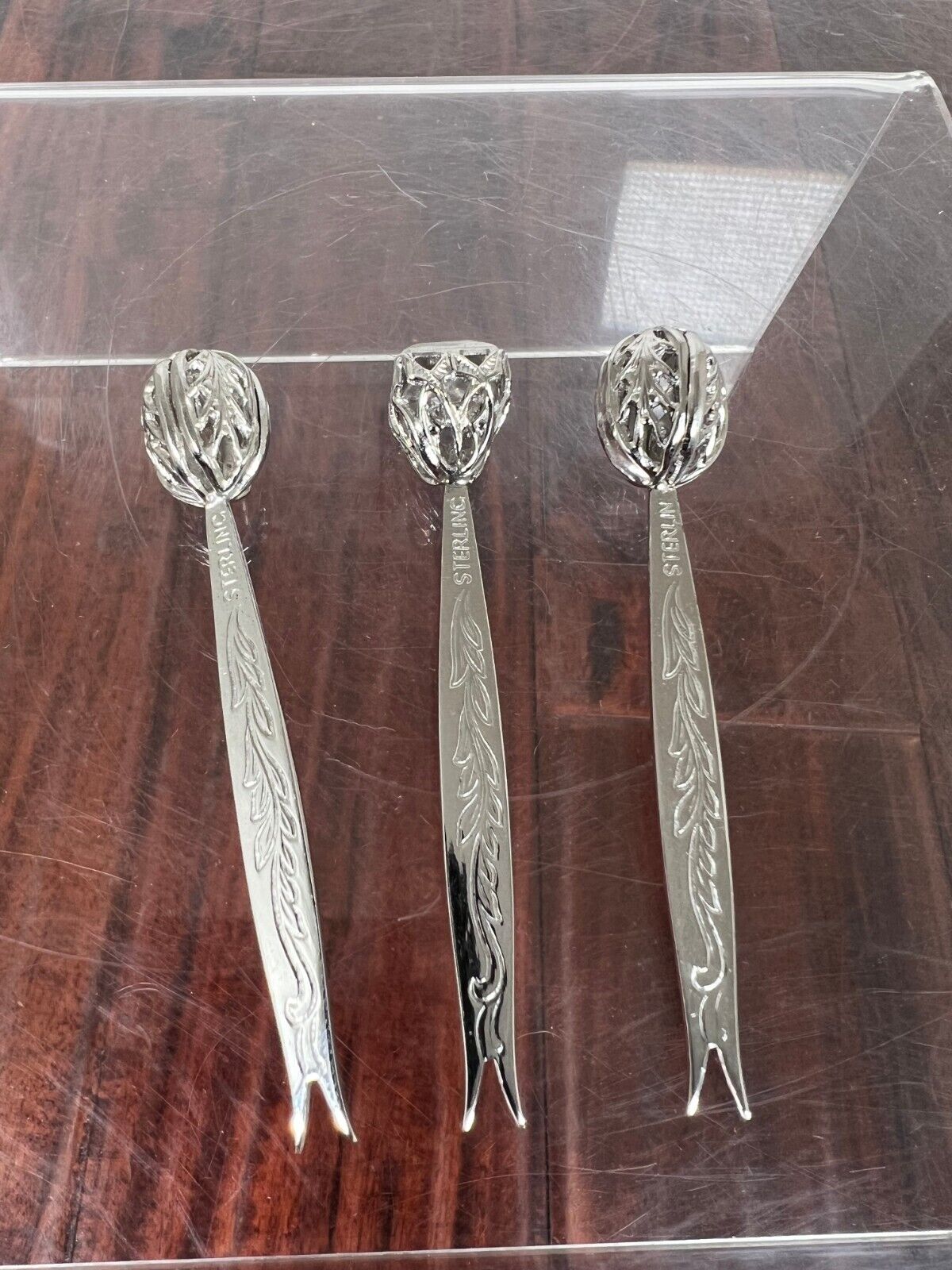 3 STERLING SILVER COCKTAIL PICKS With Decorative Tops, 3”, Stamped Sterling