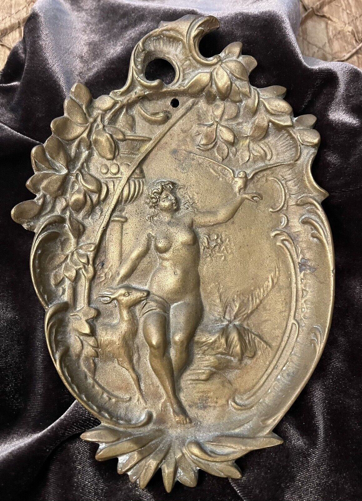 Antique Bronze Decorative Trinket Dish Art Nouveau Nude Woman & Nature