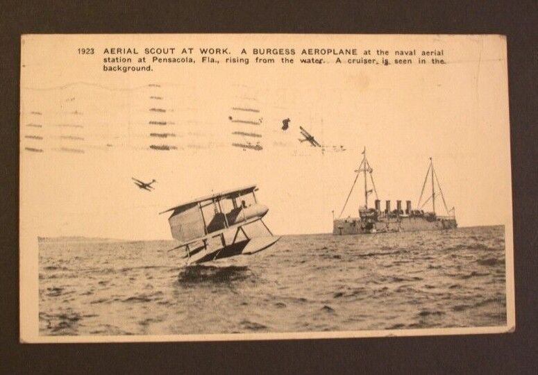 Historical postcard 1919, Burgess Airplane at Pensacola rising from the water