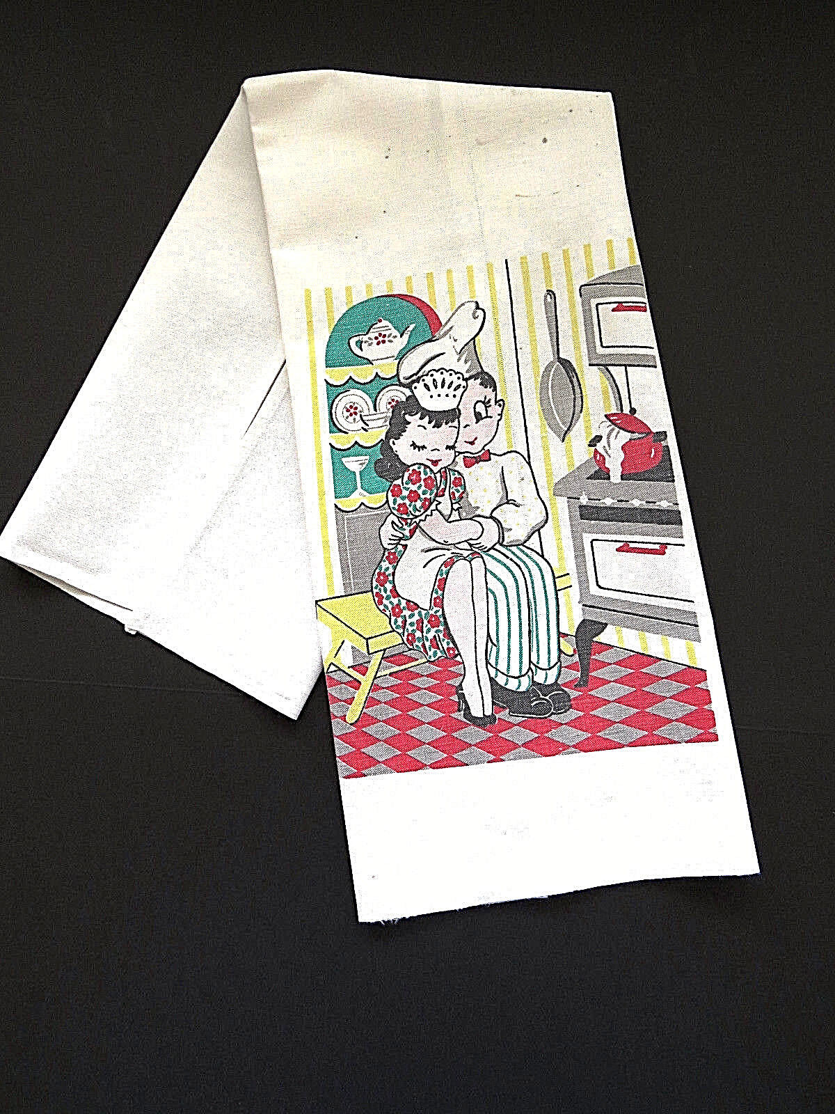 Vintage P & S Tea Towel - Maid and Chef in the Kitchen Novelty Dish Towel 