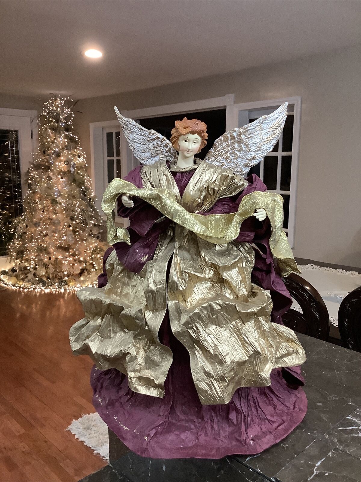 Vintage Victorian Christmas Angel Tree Topper 17” Tall Paper Mache Gold Silver