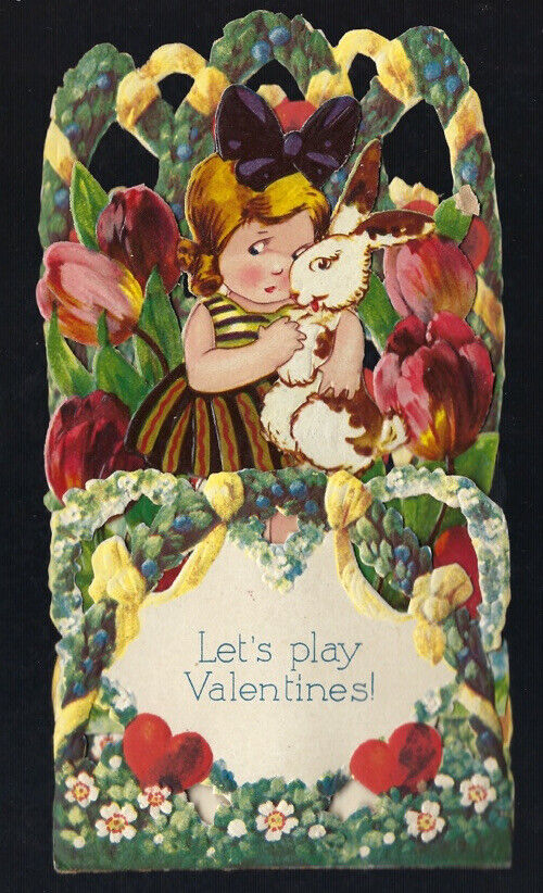 c.1920s Let’s Play Valentines Girl Bunny Floral Die Cut Greeting Card UNUSED