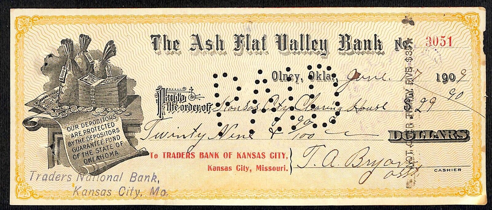 Olney, OK Ash Flat Valley Bank / Traders Kansas City 1909 Check #3051 Money Bags