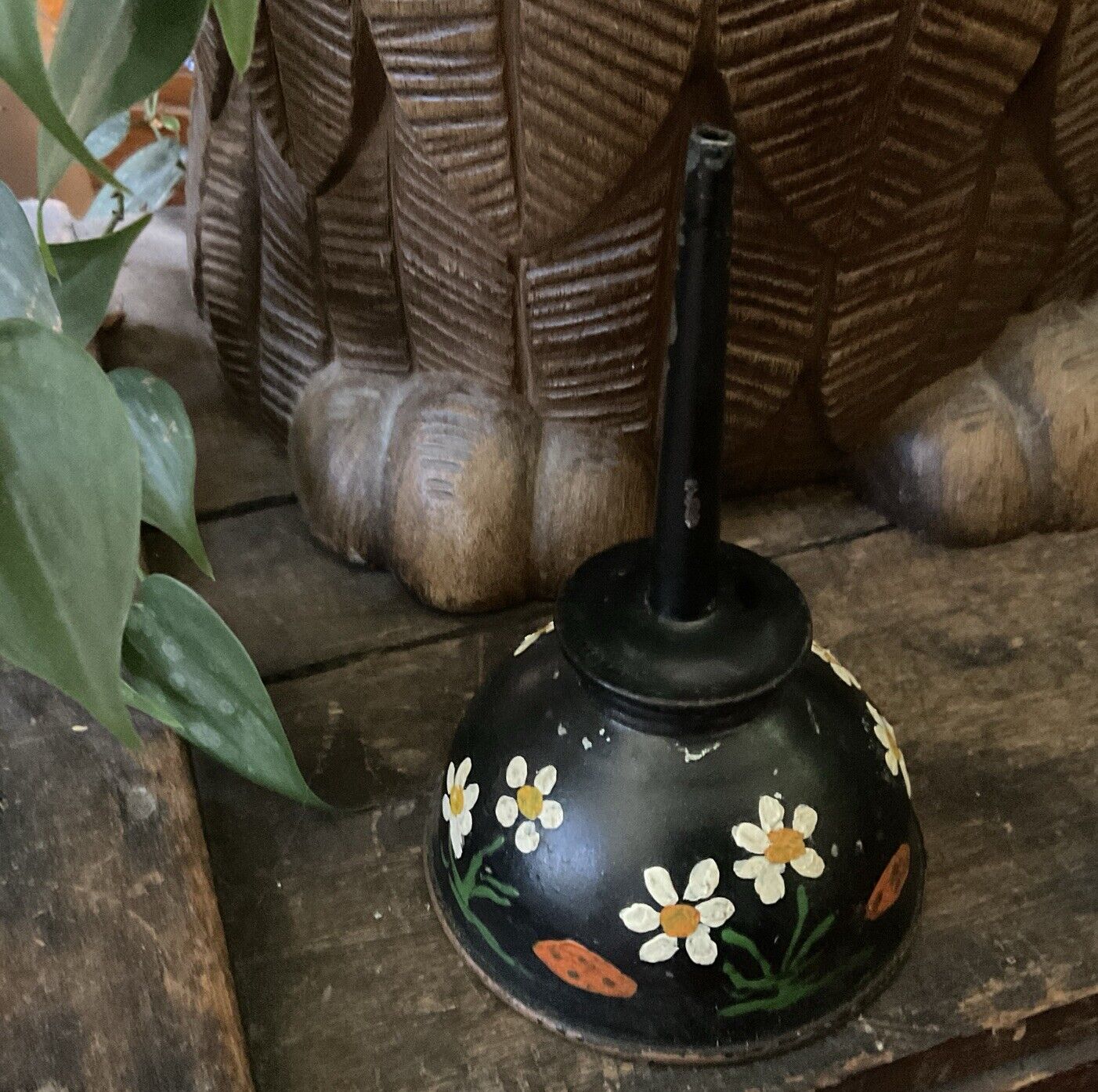 Vintage Tin Oil Oiler Can - Unique Painted Flower Floral Folk Art Decor Empty