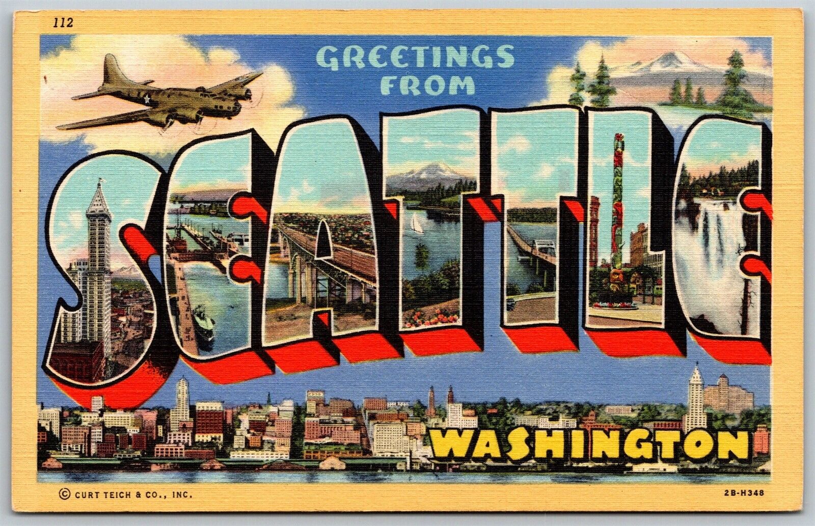 Vtg Seattle Washington WA Large Letter Greetings From 1940s Linen Postcard