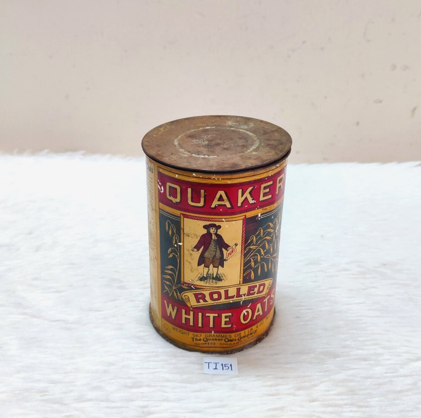 1930s Vintage Rolled White Retro Quaker Oats Advertising Tin Box Round USA TI151