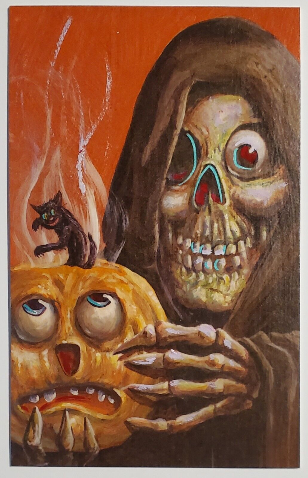Halloween Matthew Kirscht Hand Altered Ltd 1/5 Skeleton Jol Cat 2023 Postcard MK