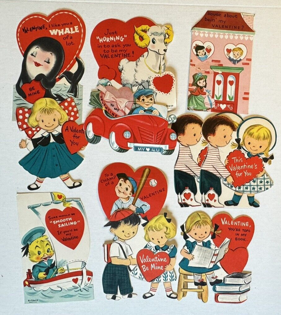 Lot o f 11 Vintage 1940s-50s Hallmark School Valentine\'s Cards Funny 4x3\